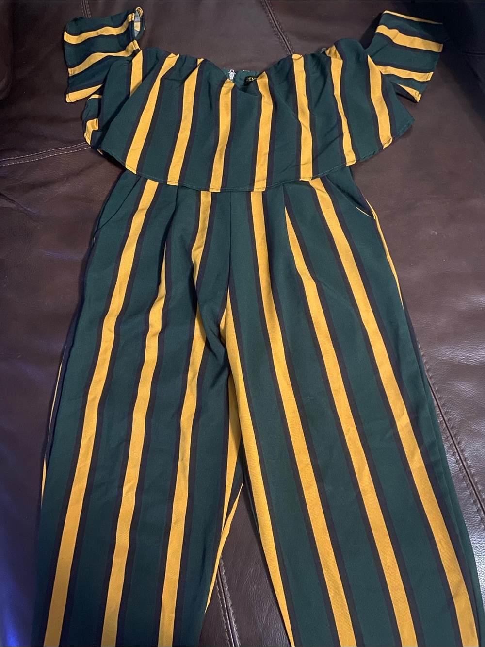 Off-Shoulder Striped Jumpsuit in Green and Mustard